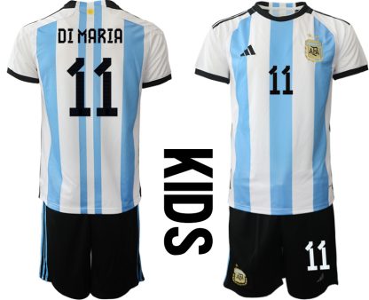 Kinder Heimtrikot Argentinien WM 2022 weiss blau Kurzarm + Kurze Hosen DI MARIA 11