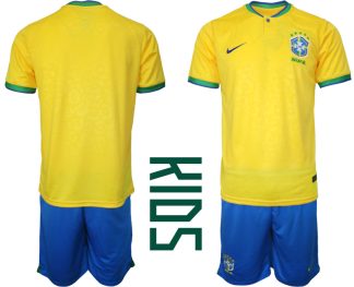 Kinder Heimtrikot Brasilien 2022 WM Gelb Trikotsatz Kurzarm + Kurze Hosen