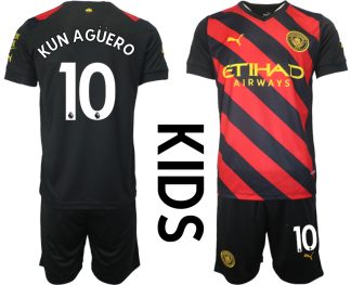 Kinder Manchester City Auswärtstrikot 2022-23 schwarz rot Kurzarm + Kurze Hosen KUN AGÜERO 10