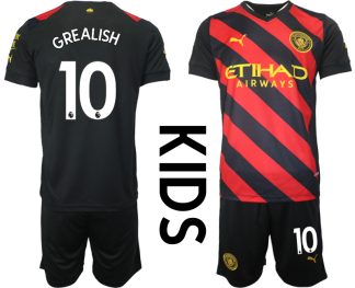 Kinder Manchester City Auswärtstrikot 2022-23 schwarz rot mit Aufdruck GREALISH 10