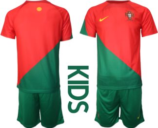 Kinder Portugal Heimtrikot WM 2022 Home Trikot rot grün Kurzarm + Kurze Hosen