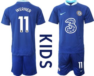 Neues Kinder Chelsea FC 2022/23 Heimtrikot Blau Trikotsatz mit Aufdruck WERNER 11