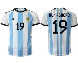 Argentinien Heimtrikot WM 2022 Weiss Blau Kurzarm Online Kaufen mit Aufdruck KUN AGÜERO 19