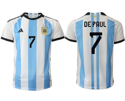 Herren Argentinien Heimtrikot WM 2022 Weiss Blau Kurzarm Fussballtrikots DE PAUL 7