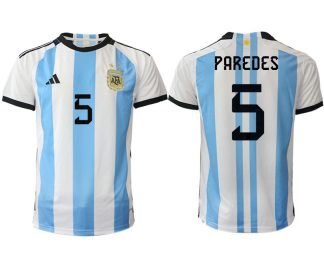 Herren Argentinien Heimtrikot WM 2022 Weiss Blau Kurzarm Fussballtrikots PAREDES 5