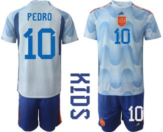 Kinder Fußball Trikot Spanien WM 2022 Auswärtstrikot Hellblaue Trikotsatz PEDRO 10