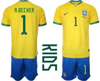 Kinder Heimtrikot Brasilien Fußball 2022 WM Gelb Trikotsatz Kurzarm + Kurze Hosen A.BECKER 1