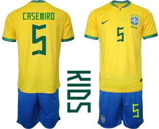 Kinder Heimtrikot Brasilien Fußball 2022 WM Gelb Trikotsatz mit Aufdruck CASEMIRO 5