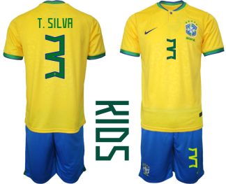 Kinder Heimtrikot Brasilien Fußball 2022 WM Gelb Trikotsatz mit Aufdruck T.SILVA 3