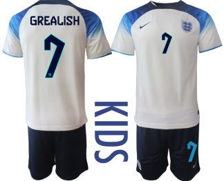 Kinder Heimtrikot England 2022 World Cup weiß blau Kurzarm + Kurze Hosen GREALISH 7