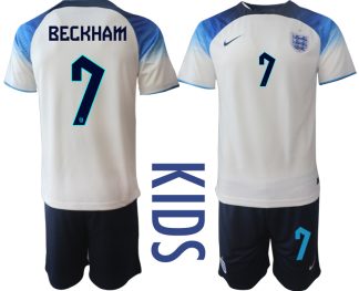 Kinderheim Trikot England 2022 World Cup weiß blau Fußballtrikot Kaufen BECKHAM 7