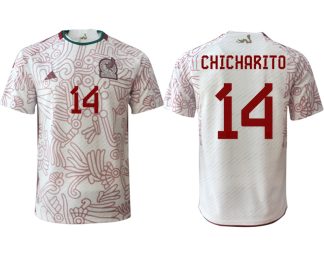Fußballtrikot für Herren Mexiko FIFA WM Katar 2022 Auswärtstrikot weiß rot Kurzarm CHICHARITO 14