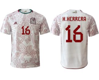 Fußballtrikot für Herren Mexiko FIFA WM Katar 2022 Auswärtstrikot weiß rot Kurzarm H.HERRERA 16