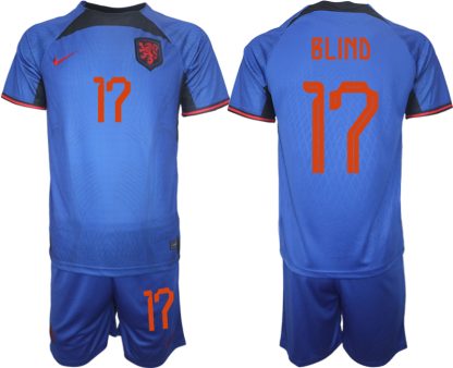 Herren Niederlande Auswärtstrikot blau Fußball WM 2022 Kurzarm + Kurze Hosen BLIND 17