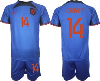 Herren Niederlande Auswärtstrikot blau Fußball WM 2022 Kurzarm + Kurze Hosen CRUYFF 14