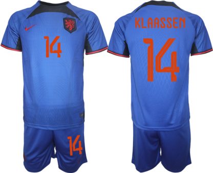 Herren Niederlande Auswärtstrikot blau Fußball WM 2022 Kurzarm + Kurze Hosen KLAASSEN 14