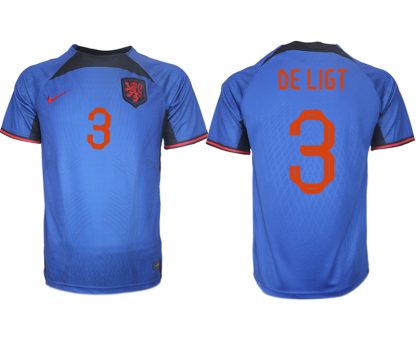 Herren Niederlande Auswärtstrikot blau Fußball WM 2022 Kurzarm mit Namen DE LIGT 3
