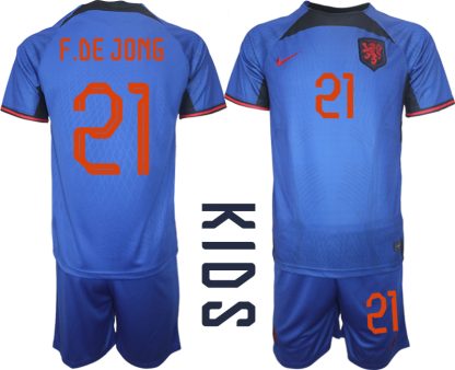 Kinder Niederlande Auswärtstrikot Fußball-WM 2022 blau Fußballtrikot Kaufen F.DE JONG 21