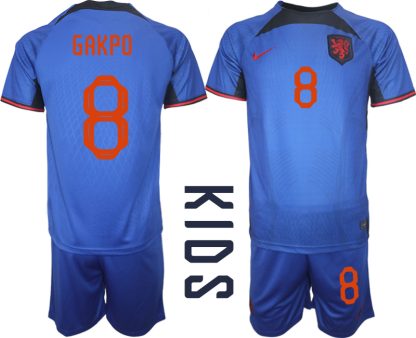 Kinder Niederlande Auswärtstrikot Fußball-WM 2022 blau Kurzarm + Kurze Hosen GAKPO 8