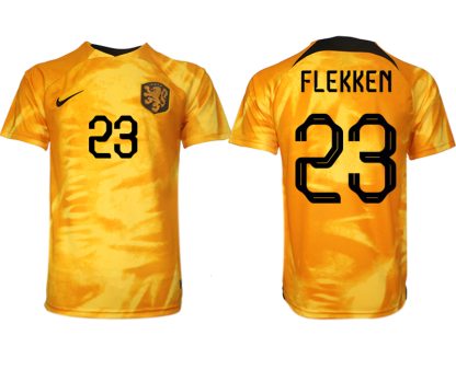 Niederlande Heimtrikot WM 2022 Orange Kurzarm bestellen mit Aufdruck FLEKKEN 23