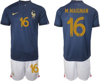 Billige Frankreich WM 2022 Heimtrikot Marineblau Kurzarm + Kurze Hosen M.MAIGNAN 16