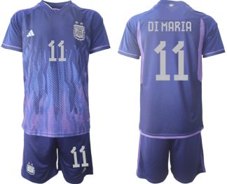 DI MARIA #11 Argentinien FIFA WM Katar 2022 Auswärtstrikot Lila für Herren Kurzarm + Kurze Hosen