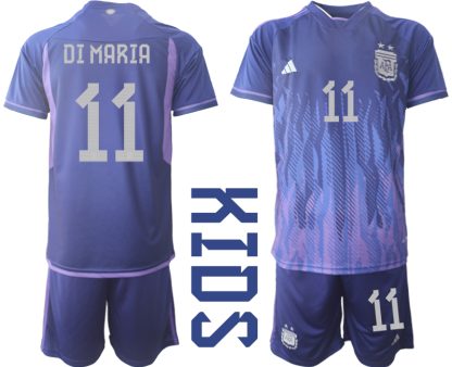 DI MARIA #11 Kinder Argentinien WM 2022 Auswärtstrikot Lila Kurzarm + Kurze Hosen