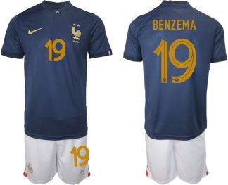 Herren Frankreich WM 2022 Heimtrikot Marineblau Kurzarm + Kurze Hosen BENZEMA 19