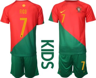 Kinder Portugal Heimtrikot T-Shirt Fußball-WM 2022 rot grün Trikotsatz Kit FIGO 7