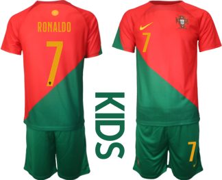 Kinder Portugal Heimtrikot T-Shirt Fußball-WM 2022 rot grün Trikotsatz Kit RONALDO 7