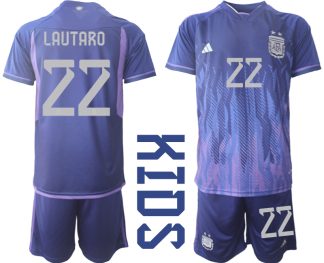 LAUTARO #22 Kinder Argentinien WM 2022 Auswärtstrikot Lila Kurzarm + Kurze Hosen