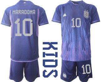 MARADONA #10 Kinder Argentinien WM 2022 Auswärtstrikot Lila Kurzarm + Kurze Hosen
