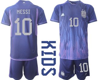 MESSI #10 Kinder Argentinien WM 2022 Auswärtstrikot Lila Kurzarm + Kurze Hosen
