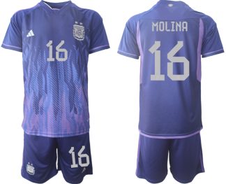 MOLINA #16 Argentinien FIFA WM Katar 2022 Auswärtstrikot Lila für Herren Kurzarm + Kurze Hosen