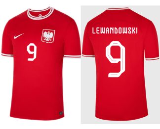 Polen WM 2022 Auswärtstrikot rot für Herren Kurzarm mit Aufdruck LEWANDOWSKI 9