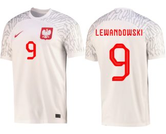 Polen WM 2022 Heim Trikot weiß Kurzarm Fußballtrikots mit Aufdruck LEWANDOWSKI 9