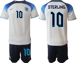 STERLING #10 Herren England Fußball-WM 2022 Heimtrikot weiß blau Kurzarm + Kurze Hosen