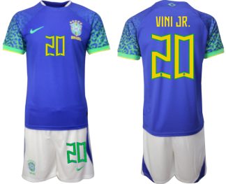 Günstig Herren Brasilien WM 2022 Auswärtstrikot blaue Kurzarm + Kurze Hosen VINI JR. 20
