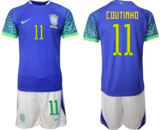 Herren Brasilien WM 2022 Auswärtstrikot blaue Fußballtrikots Set COUTINHO 11