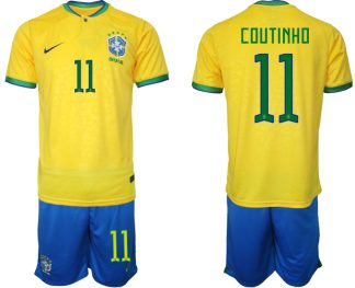 Herren Brasilien WM 2022 Trikot gelb Kurzarm + Kurze Hosen COUTINHO 11