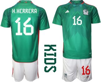Kinder Heimtrikot Mexiko WM 2022 Grün Trikotsatz Kit mit Aufdruck H.HERRERA 16