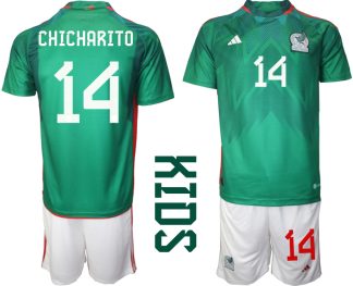 Neuen Kinder Heimtrikot Mexiko WM 2022 Grün Trikotsatz Kit mit Aufdruck CHICHARITO 14