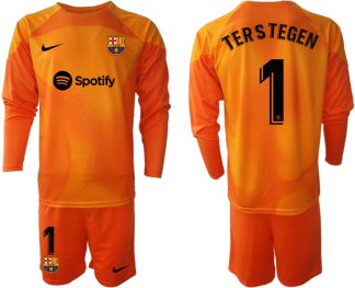 FC Barcelona 2023 Torwarttrikot orange Langarm + Kurze Hosen bestellen mit Aufdruck TERSTEGEN 1