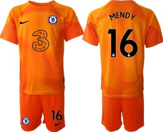 Neuen Chelsea FC 2023 Torwarttrikot orange Fußballtrikots Set mit Aufdruck MENDY 16