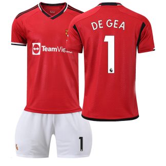 Günstige Fußballtrikots Kinder Manchester United 2023-24 Trikot rot Kurzarm + weiss Kurze Hosen DE GEA 1